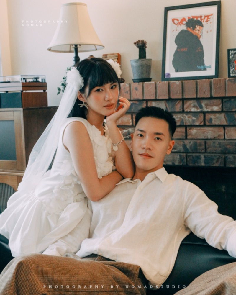 Pre-wedding couple portrait at home